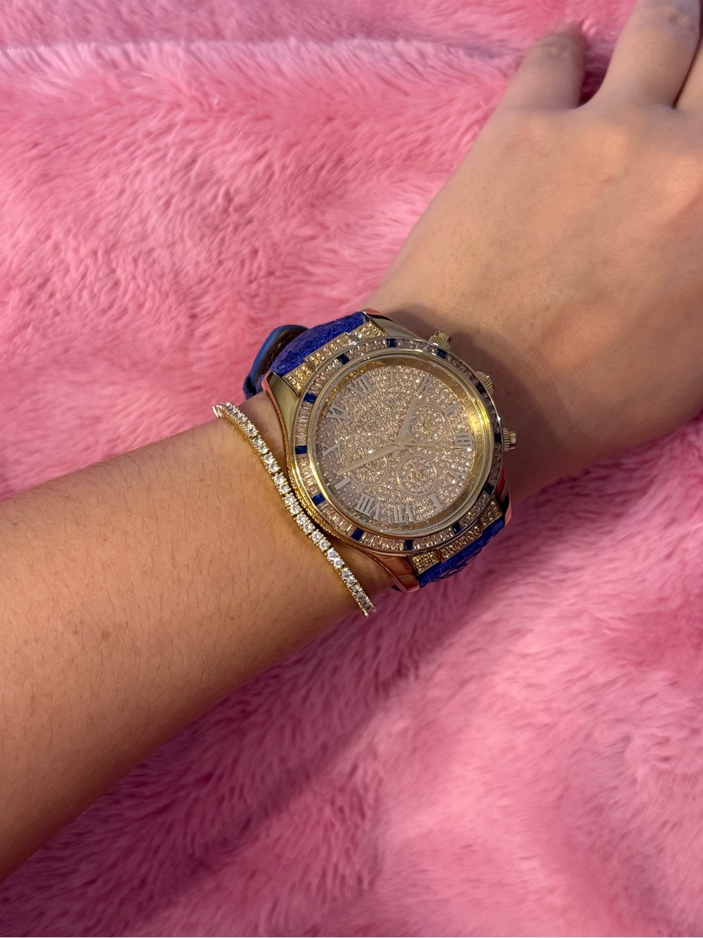 Michael Kors Gold Tone Crystal Pavé Watch with Blue Strap